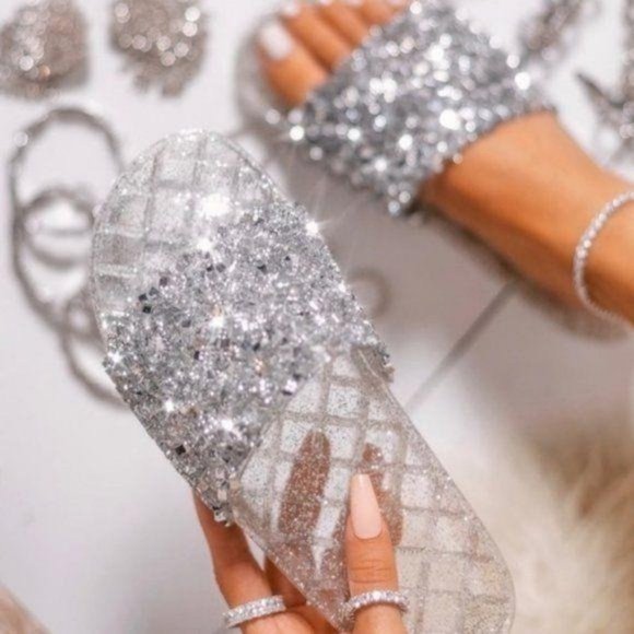 !!RESTOCKED!! Embellished Sparkle Slides – Silver - Picture 2 of 6